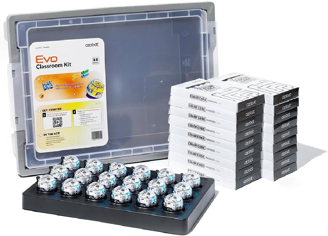 Evo Classroom Kit (18 Bots): Interactive Coding Robot, Kids Ages 5+, Includes 18 Evo Robots, Color Code Markers, Charging Cradle, Bot Stickers, Access to 700+ STEAM Lessons, Educators & Parents