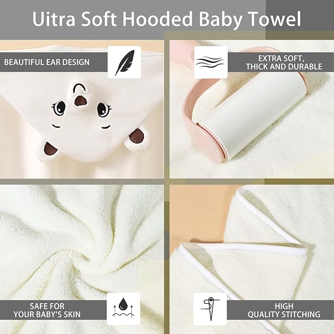 Baby Hooded Towels,31 x 31 in Baby Washcloths, Infant Super Soft Baby Bath Towels with Hood for Toddlers1-3,Highly Absorbent Viscose Hooded Towel for Boys, Girls, Newborn Essentials