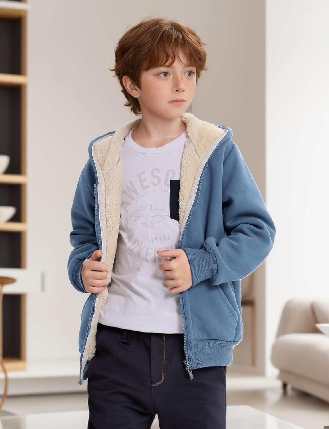 Gihuo Unisex Boy's Girls Winter Warm Sherpa Lined Zip Up Sweatshirt Fleece Jacket Kid's Hoodie Outerwear