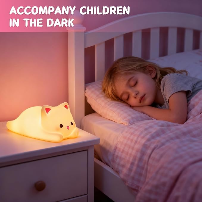 LOVERUIS Cute Night Light for Kids Cat Night-Light Baby Girl Squishy NightLight 1/3 Hour Timer Kitty Light Baby Dimmable Nursery Lamp Colorful Nightlight Gift for Kid Toddler Kawaii Bedroom (Kiki)