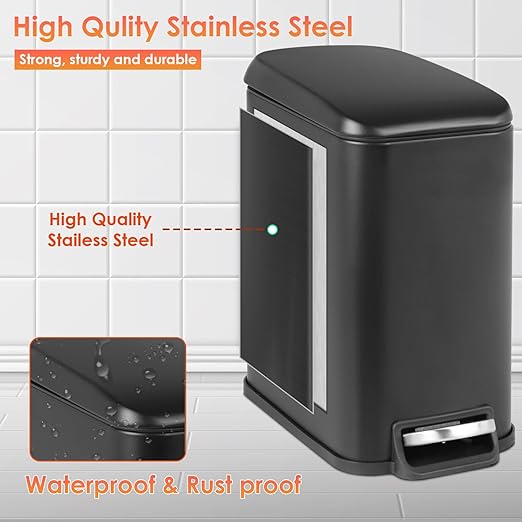 PayLessHere Slim Trash Can, 1.3 Gallon Bathroom Trash Can with Lid, Small Black Stainless Steel Waste Bin with Removable Inner Bucket for Home, Office, Restroom (5Liter)