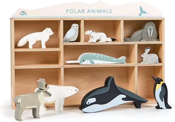 Tender Leaf Toys - Polar Animals - 10 Solid Wood Polar Animals with Shelving Unit - Made for Little Hands, Improve Hand-Eye Coordination for Boys and Girls - Age 3+