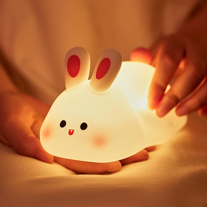 Big Face Rabbit Night Light, Adorable LED Bunny Night Lamp, Silicone Dimmable Nursery Nightlight for Girls, Silicone Rechargeable Bedside Touch Night Lights for Easter Decor