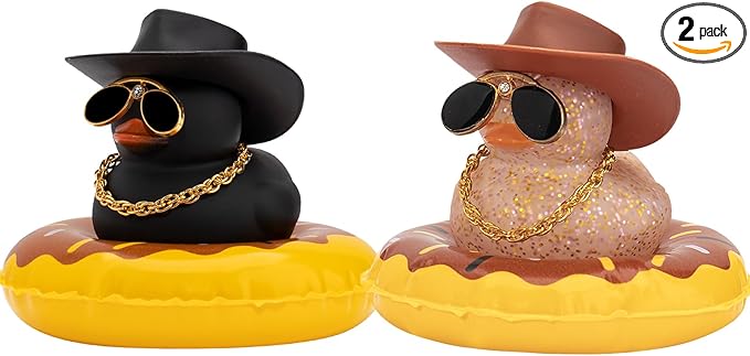 wonuu 2Pcs Car Dashboard Decorations Color Ducks, Rubber Duck for Car Ornament Accessories with Mini Hat Sunglasses Necklace and Swim Ring, A_Black&Brown Duck+Black Cowboy&Brown Cowboy