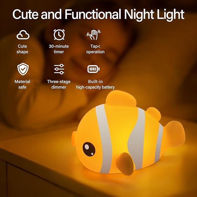 Cute Clownfish Night Light - Silicone Pat Pat Lamp with 3-Level Brightness Adjustment, Timer Function, Rechargeable Touch Control Nursery Nightlight for Baby Bedroom Decor