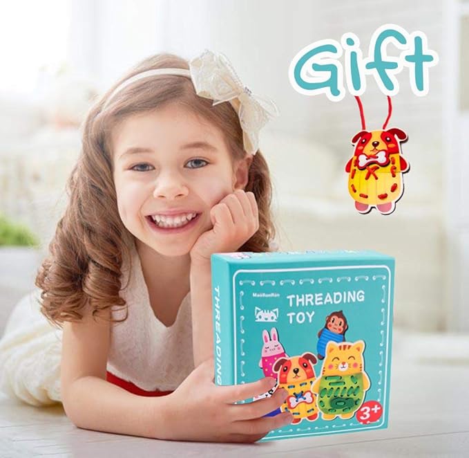 Promise Babe 5 Pack Animals Lacing Cards Wood Block Puzzle Threading Toys Montessori Toy Sewing Cards for Toddler Educational Preschool Toys…