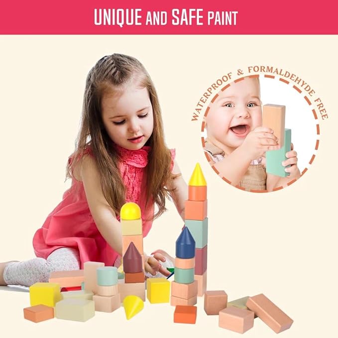 Migargle Large Wooden Building Blocks for Toddlers - Educational Preschool Learning Toys with Storage Bag, Innovative Shapes & Variety Colors to Build More Combinations （48Pcs）