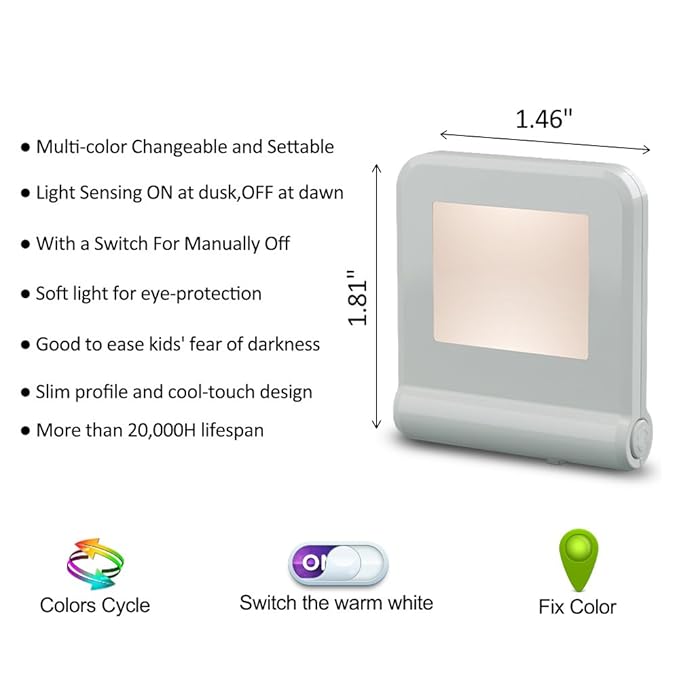 MAZ-TEK Plug in LED Night Light with Smart Dusk to Dawn Sensor, Multi-Color Changeable Nightlights, Energy Efficient Night Lamp for Bedroom, Baby Room, Kitchen, Hallway, Stairway, 2 Pack