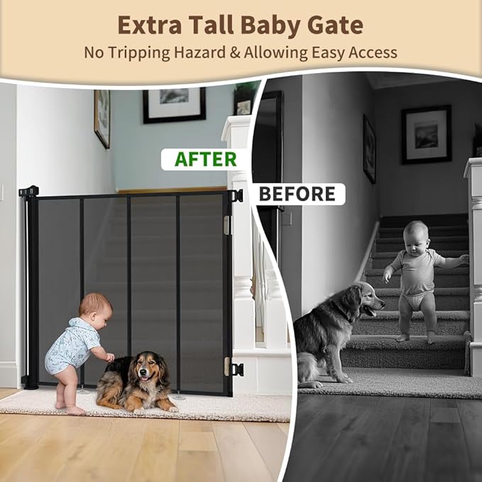 47” Extra Tall Retractable Baby Gate, Reinforced Mesh Dog Gate Extends to 59" Wide, Baby Gate for Stairs, Doorways, Hallways, Indoor and Outdoor, Black