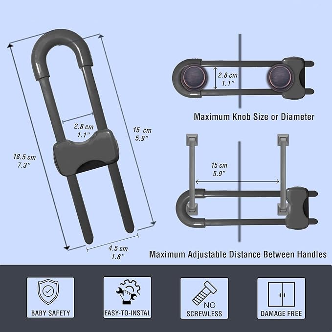 Sliding Cabinet Locks for Babies, Baby Proofing Adjustable U-Shaped Baby Safety Latches for Handles Knobs Drawers, Fridge, Closet, Cupboard, Closet with Secure Lock Buttons,2Pack (Gray)