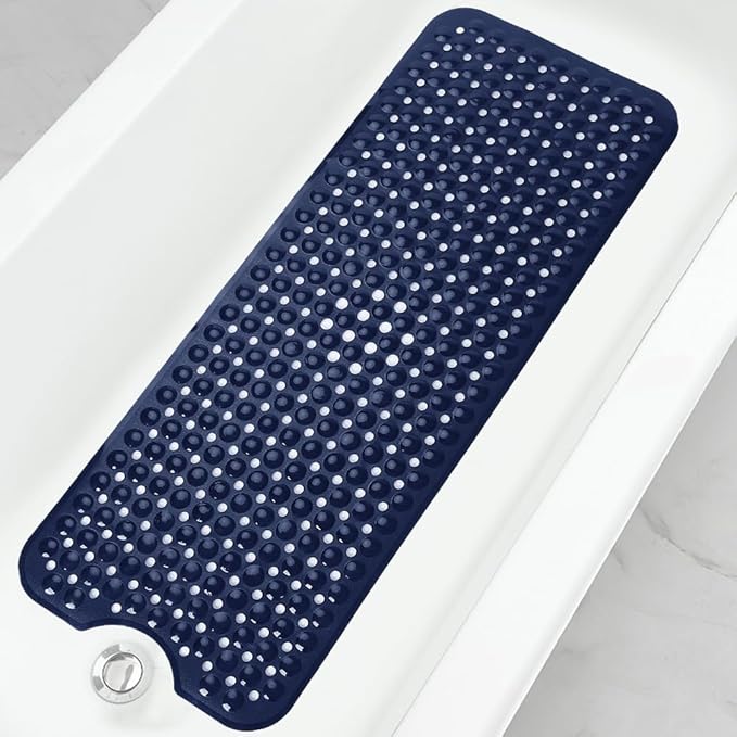 Linoows Bathtub and Shower Mats, 40x16 Inch Extra Large Non Slip Soft Bath Tub Mat with Suction Cups and Drain Holes for Bathroom Floor and Keep Tubs Clean, Machine Washable, Navy Blue