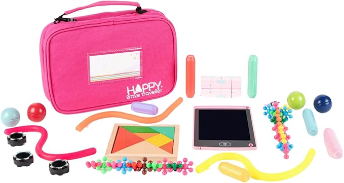 Travel Essentials for Kids – All-in-One Hanging Bag with Kid Toys, Road Trip Activities for Kids, Sensory Toys & Travel Games for Airplane Trips, Car Rides, Gifts for Boys & Girls Ages 4+ (Pink)