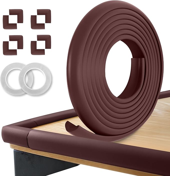 Baby Proofing Corners and Edges Protector Guards (16.5FT Edge +8 Corners), Soft Rubber Foam Edge Protector with Removable Double Sided Tapes, Furniture Table Bumper Guard for Baby Safety-Brown