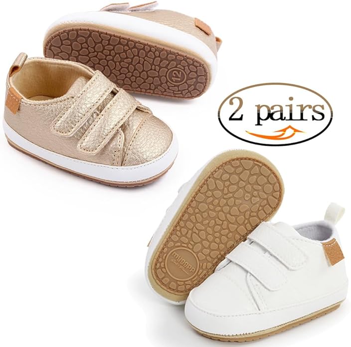 2Pairs Baby Shoes,Boys Girls Non-Slip Rubber Sole Sneakers,Unisex Infant Soft Lightweight First Walking Crib Shoes