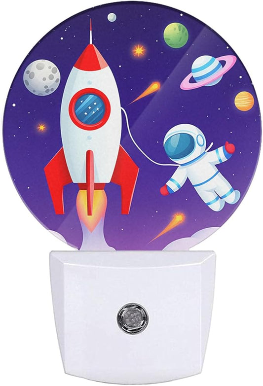 EKOBLA Astronaut and Rocket Night Lights Plug into Wall Outer Space Planets Universe Cartoon LED Dusk to Dawn Plug-in Nightlights Auto Sensor for Home Indoor Teen Boys Bedroom Bathroom