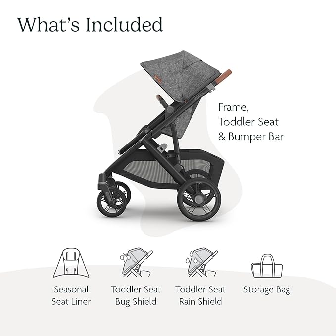 UPPAbaby Vista V3 Stroller - Full-Size Single-to-Double Stroller System - Toddler Seat, Bug Shield, Rain Shield, and Storage Bag Included - Greyson (Charcoal Mélange/Carbon Frame/Saddle Leather)