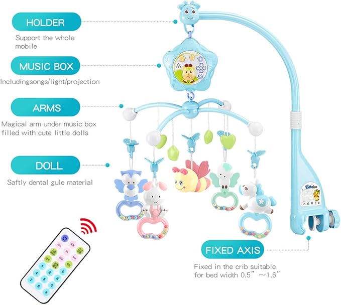Baby Crib Mobile with Lights and Musicial, Remote, Projector, Newborn Gift for Ages 0+ Months (Blue-Bee)