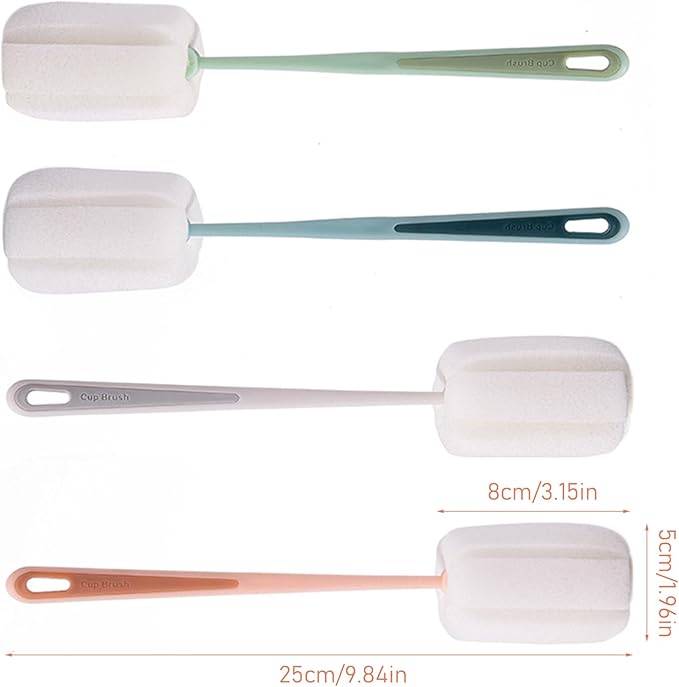 4 Pcs Sponge Bottle Brush, Long Handle Bottle Brush Portable Bottle Cleaning Brush with Handle for Bottles Cups Teapot