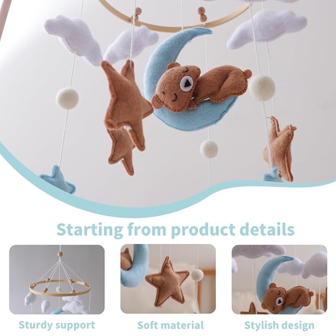 Sleeping Bear Crib Mobile Handmade Soothing Bedtime Nursery Decor for Boys and Girls Felt Night Mood Crib Mobile Easy to Assemble and Durable Gift (Blue Sleeping Bear)