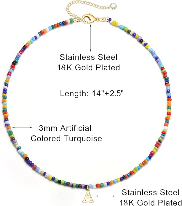 Yoosteel Christmas Gifts for Grandkids Teen Girls - Colorful Beaded Initial Necklace for Girls Kids Jewelry A-Z Letter Choker Necklace Birthday Gifts Stocking Stuffers for Teen Girl Women Kids Toddler