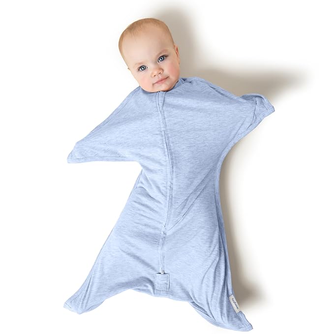 SleepingBaby Zipadee-Zip Transition Swaddle - Cozy Baby Swaddling Blanket with Zipper Convenience - Roomy Wearable Blanket for Easy Diaper Changes - 6-12 Month - Baseline Blue Heather