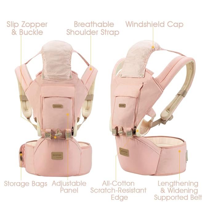 3 in 1 Ergonomic 360° Soft Baby Carrier, Baby Sling Comfortable Adjustable Positions, Fits All Newborn Toddler,HipSeat Infant Carrier, All Seasons,Perfect for Hiking Shopping Travelling (Pink)