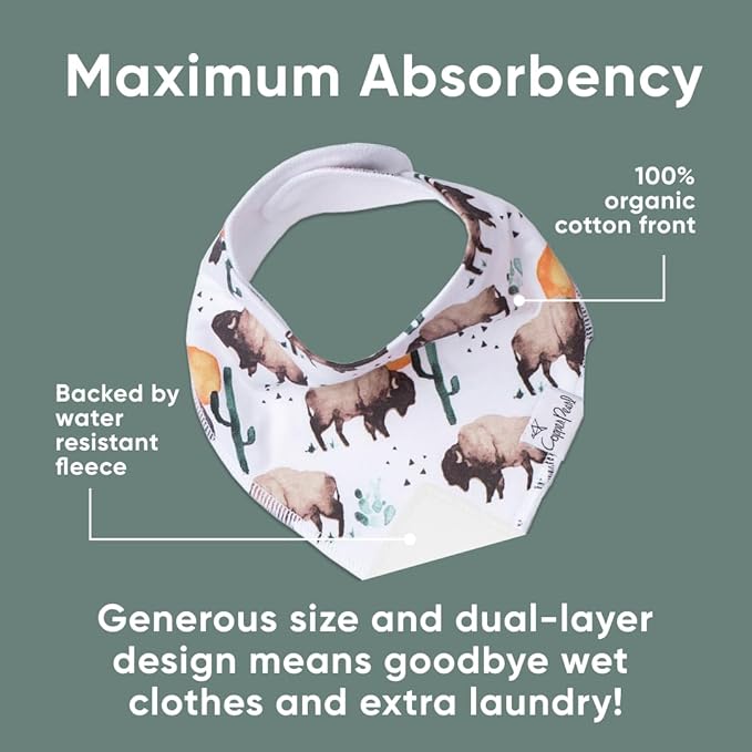 Copper Pearl 4 Pack Soft Cotton Baby Bibs for Drooling and Teething, Absorbent Drool Bibs for Baby Girl and Boy, Adjustable to Fit Newborns to Toddlers, Tons of Styles (Bison)