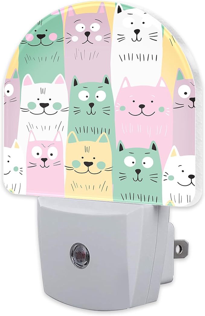 Colorful Cartoon Cats Night Light, Cute Childish Kittens Dusk to Dawn Night Light Plug in, 0.5w Energy Saving Sleep Friendly NightLight for Kids Boys Girls Home Decor