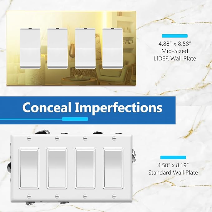 LIDER Quadruple Decorator Wall Plate, Impact Resistant, Mirrored Acrylic, Plexiglass, Reflective Finish Modern Upgrade Screwless Light Switch/Outlet Cover Mid-Size 4-Gang 4.88" x 8.58" Gold