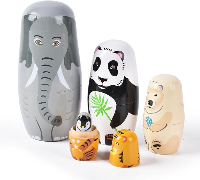 Nesting Dolls, 5Pcs 6" Tall Russian Nesting Dolls, Handmade Matryoshka for Kids, Wooden Stacking Toys for Christmas Home Wedding Party Decorations (Elephant)