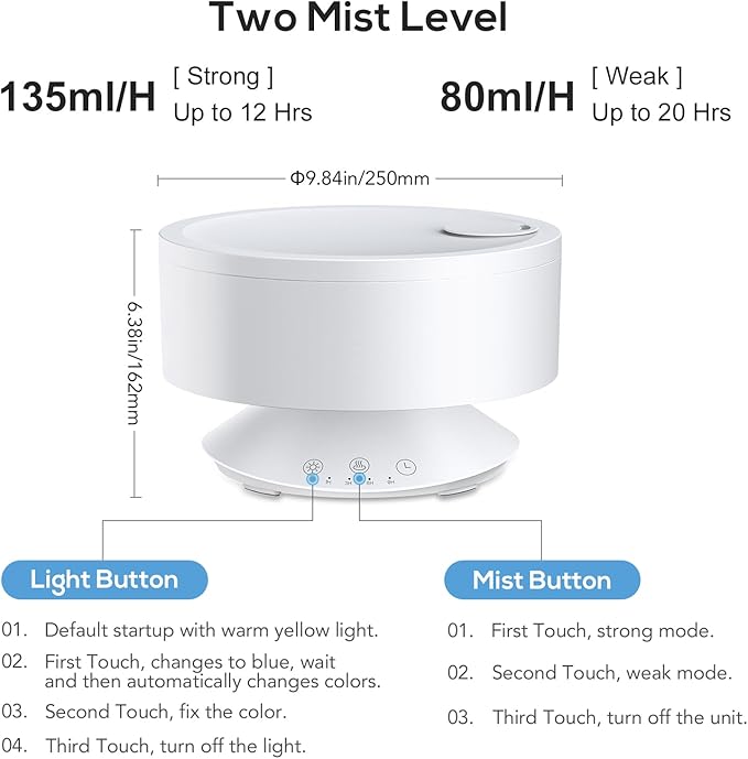 Humidifiers Easy to Clean,Essential Oil Diffuser, Colorful Light,Ultrasonic Top Fill Cool Mist Humidifiers for Bedroom Baby Plants,Ultra Quiet,Last up to 20 Hrs,1.6L,Levoair