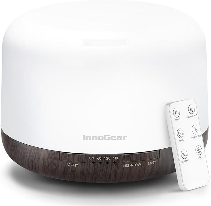 InnoGear 500ml Essential Oil Diffuser with Remote Control, Premium Ultrasonic Aromatherapy Diffusers Scent Humidifier Vaporizer Auto-Off Timer for Large Room Home, Brown