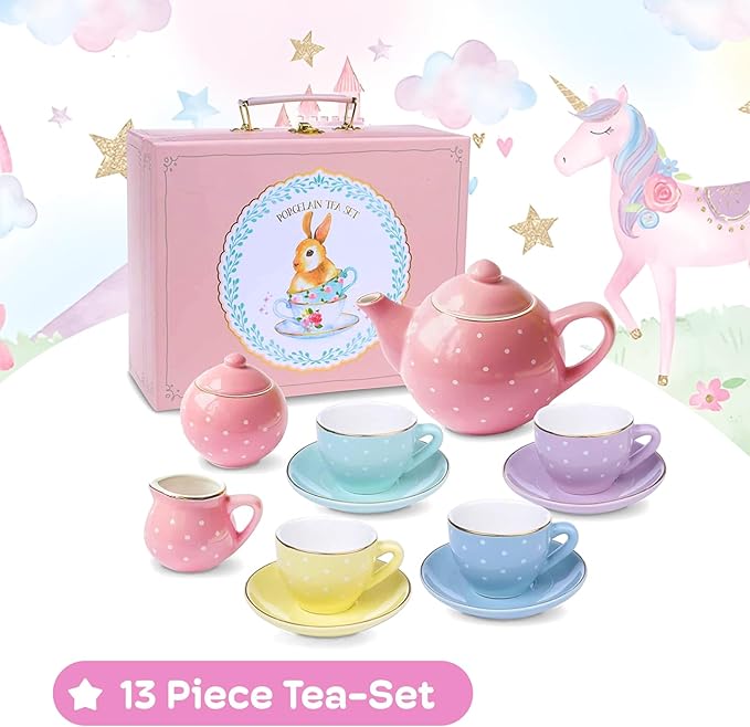 Jewelkeeper 13 Pieces Porcelain Tea Set for Little Girls with Pastel Picnic Basket - Mini Toddler Tea Sets for Girls 2 and Up - Real Cups, Teapot, and Saucers - Children Playset - Polka Dots Design