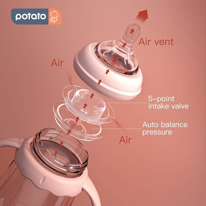 POTATO Glass Baby Bottles, Anti-Colic Breastfeeding Bottles with Medium Flow Nipple, Suitable for Babies 3-6 Months, 2 Replaceable Nipples, 6 oz, Pink