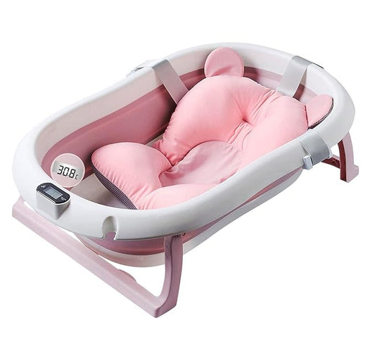 Baby Bath Foldable Newborn Tub with Soft Bath Mat and Real Time Water Temperature Display, Pink