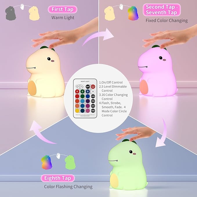 Dinosaur Night Light for Boys, Dino Lamp Silicone Light, 16 Color Nightlight, Rechargeable Battery Powered, 30Min Timer Off, Ideal Gifts for Kids,Toddler,Baby