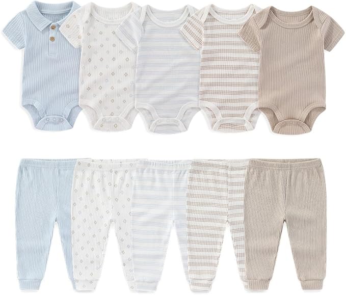 Kiddiezoom Newborn Baby Layette Set 10-Piece with Bodysuits and Pants Set for Unisex Baby Gift Sets