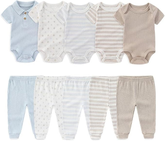 Kiddiezoom Newborn Baby Layette Set 10-Piece with Bodysuits and Pants Set for Unisex Baby Gift Sets