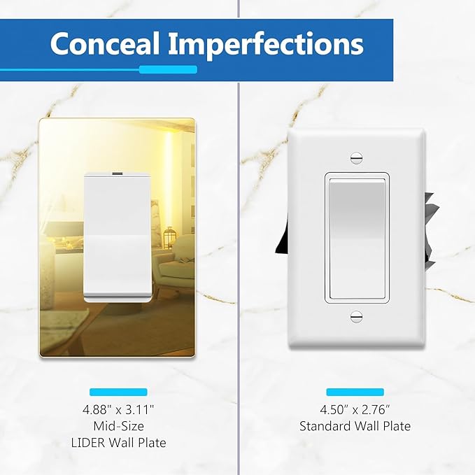 LIDER Decorator Wall Plate, Impact Resistant, Mirrored Acrylic, Plexiglass, Reflective Finish, Modern Upgrade, Screwless Light Switch/Outlet Cover, Mid-Size 1-Gang 4.88" x 3.11", Gold