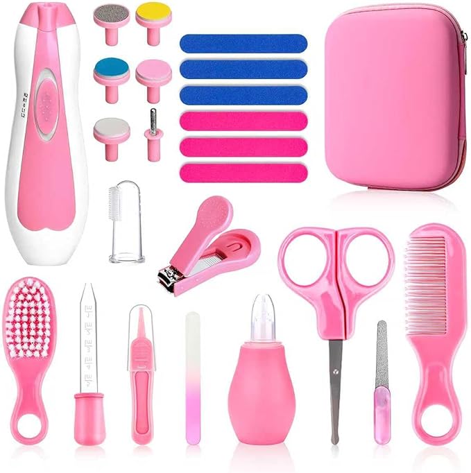 Baby Grooming Kit, Infant Safety Care Set with Hair Brush Comb Nail Clipper Nasal Aspirator,Baby Essentials Kit for Newborn Girls Boys, Pink-24- in-1