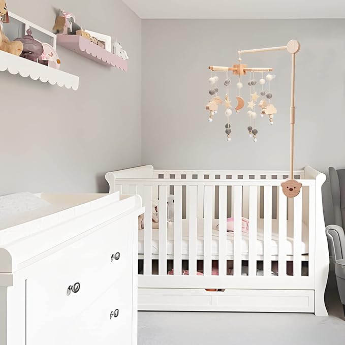 Boho Baby Crib Mobile Decor - Wooden Moon and Stars Nursery Mobiles with Cloud for Bassinet Starry Night Handmade Soft Felt Beads Hanging Wind Chime Toys Pendant for Infant Newborn Boy and Girl