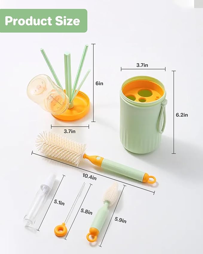 Travel Bottle Cleaner Kit, 6-in-1 Baby Bottle Brush with Silicone Bottle Brush, Nipple Brush, Straw Brush, Drying Rack, Dispenser, Organizer, Baby Travel Essential, Gifts for New Mom - Green