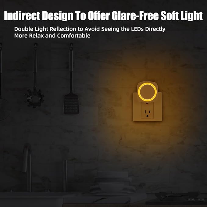 LED Night Lights Plug into Wall, Indirect Soft Dimmable Night Light with Dust to Dawn Sensor, Amber Nightlight for Bedroom,Bathroom,Kitchen,Stairs,Hallway,Travel, 4 Packs, Amber