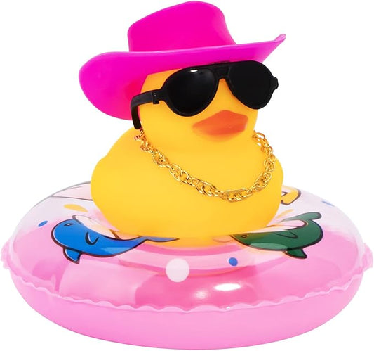 wonuu Car Rubber Duck, Yellow Duck Decoration Dashboard with Sun Hat Swim Ring Necklace Sunglasses for Car Dashboard Decorations