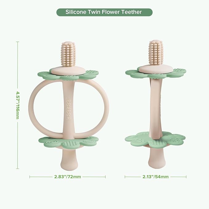 haakaa Silicone Baby Teething Toys,Nipple-Shaped End for Gum Massage,360° Baby Toothbrush Head for Self-Brushing Training,Easy to Grip-Pea Green