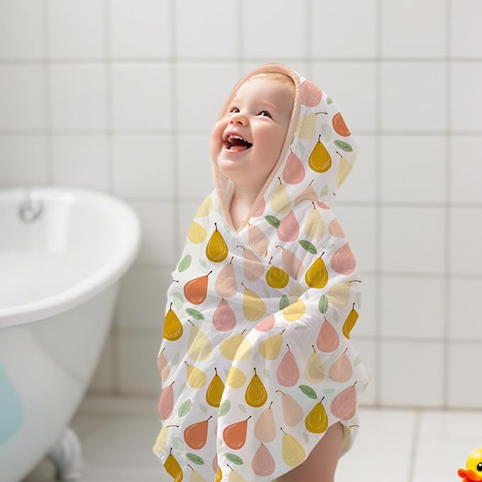 Muslin Hooded Baby Towels,2 Pack Baby Bath Towels,Large 31.5x31.5Inch,Hooded Towels for Baby and Infant,Soft&Absorbent(Strawberries and Pears)