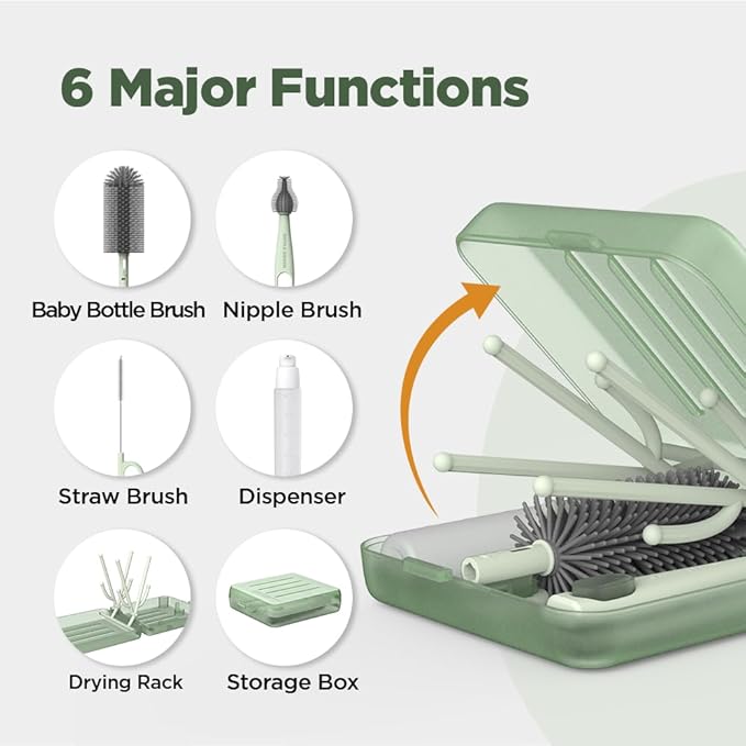 Travel Bottle Brush, Travel Bottle Cleaner Kit with Bottle Drying Rack, Transparent Green