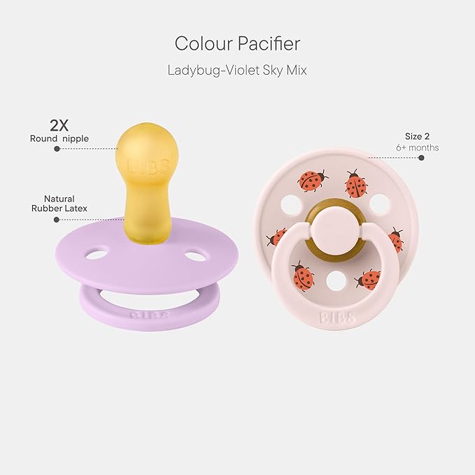 BIBS Studio Soother 2-Pack, BPA Free Dummy Pacifier, Round Nipple. Natural Rubber Latex, Made in Denmark, Size 2 (6-18 Months), Violet Sky/Petal