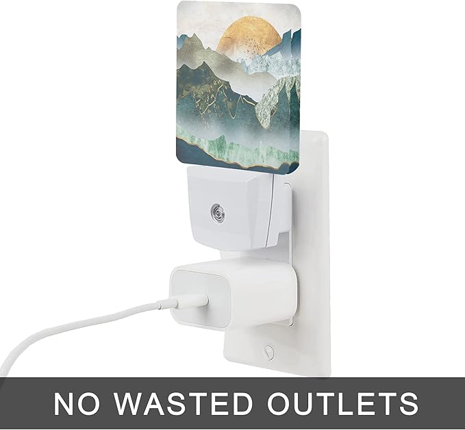 Mountain Night Light,Green Mountains Golden Sunset Plug in Night Lights Auto LED Lamp Energy Saving Square Lights for Boys Girls Men Women