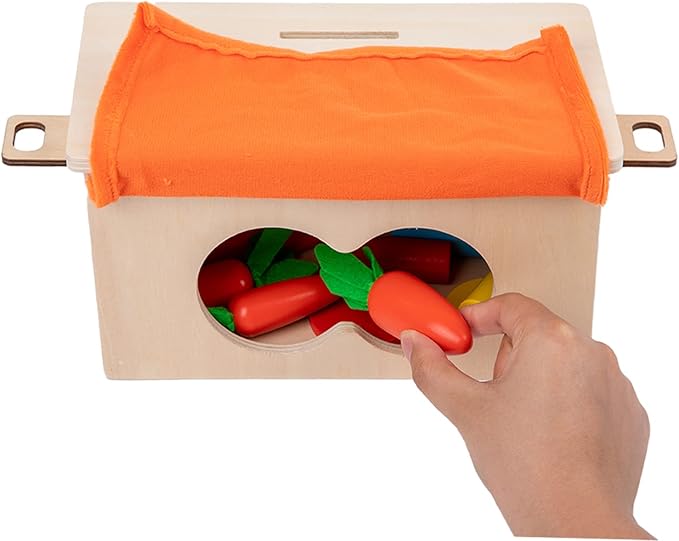 Adena Montessori 4-in-1 Play Kit Box for Infants,Toddlers and Babies 6-12 Months, 1 Year, 2 Year and 3 Year- Includes Coin Box, Cylinder & Carrot Drop Box, and Blind Touch Perception Box with Door